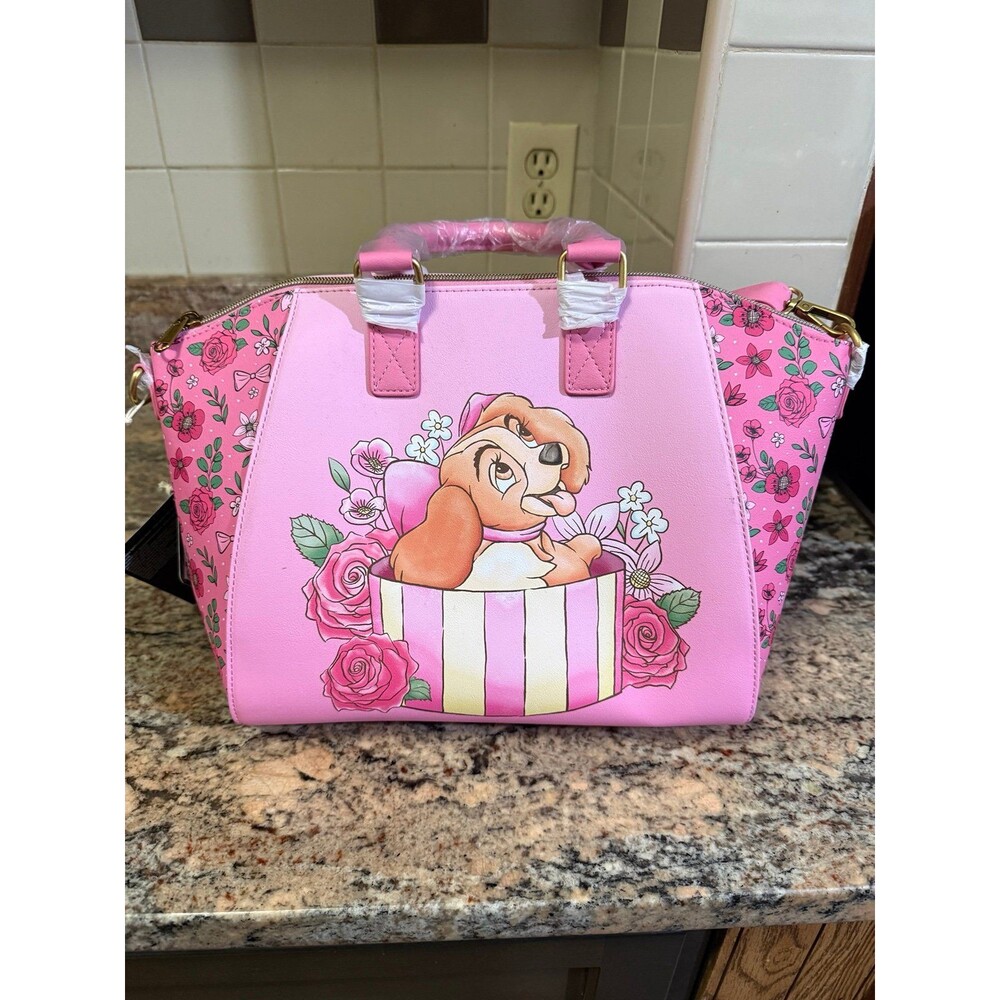 Loungefly Disney lady and the tramp pink present satchel bag NWT
